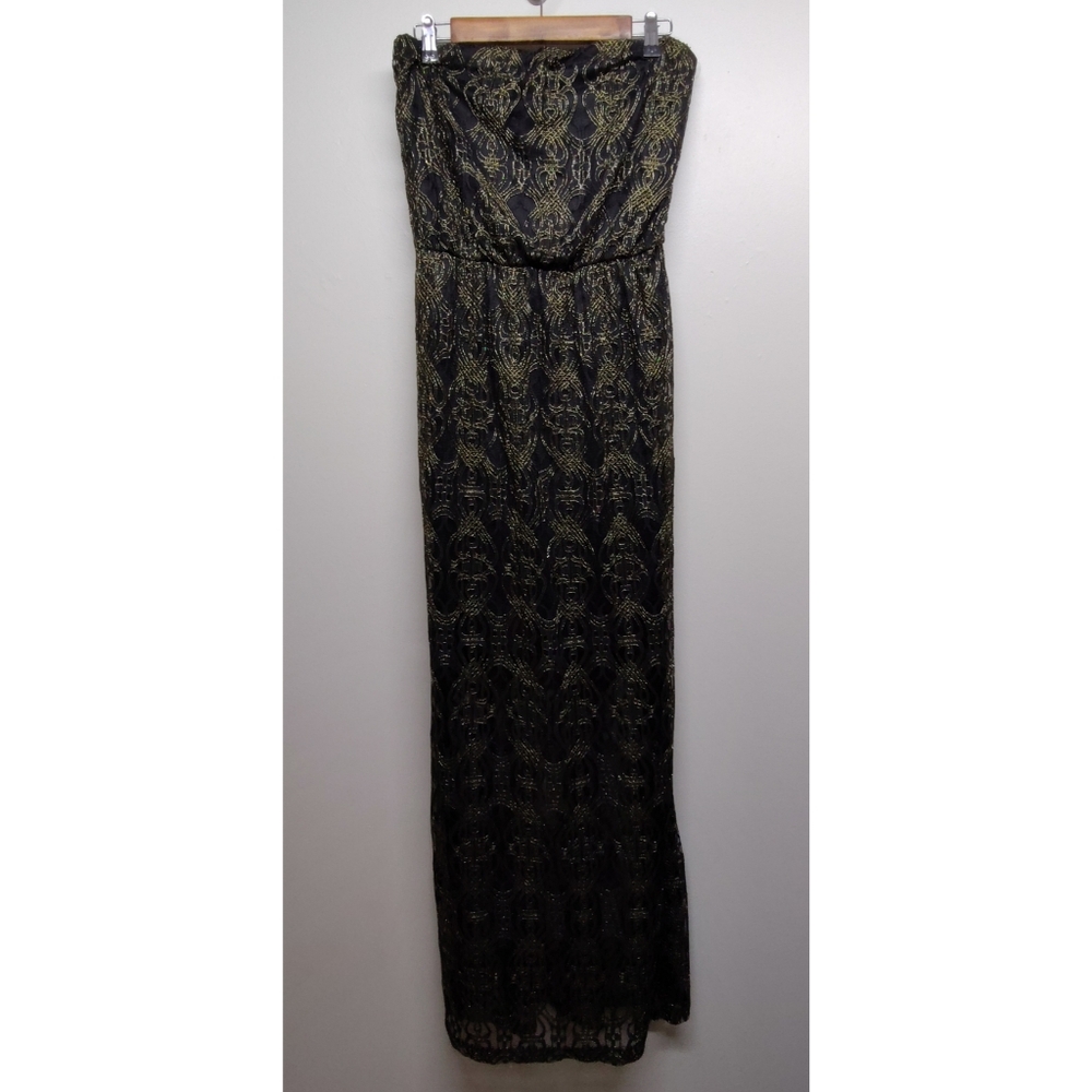New Symphony Strapless Maxi Dress Women Size L Black Golden Lace Sheer Lined